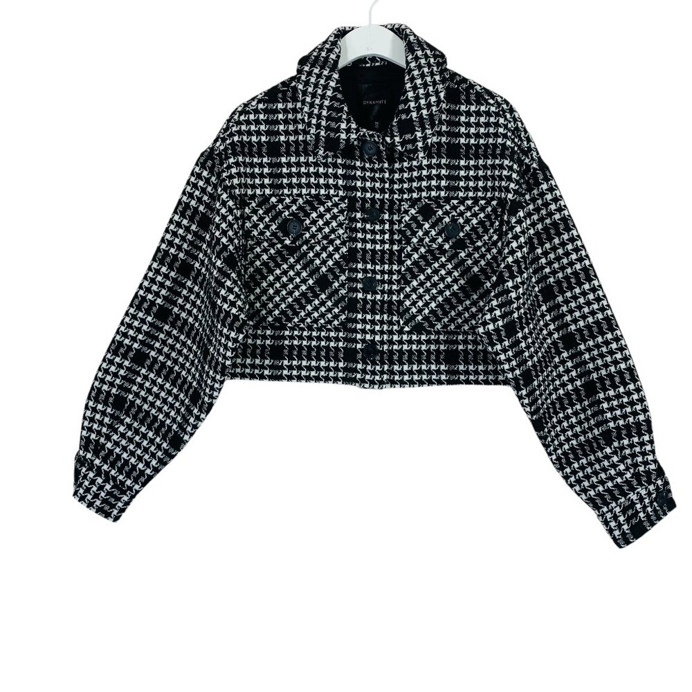 DYNAMITE Crop short jacket coat bouclé Puff Sleeve black & white SZ small